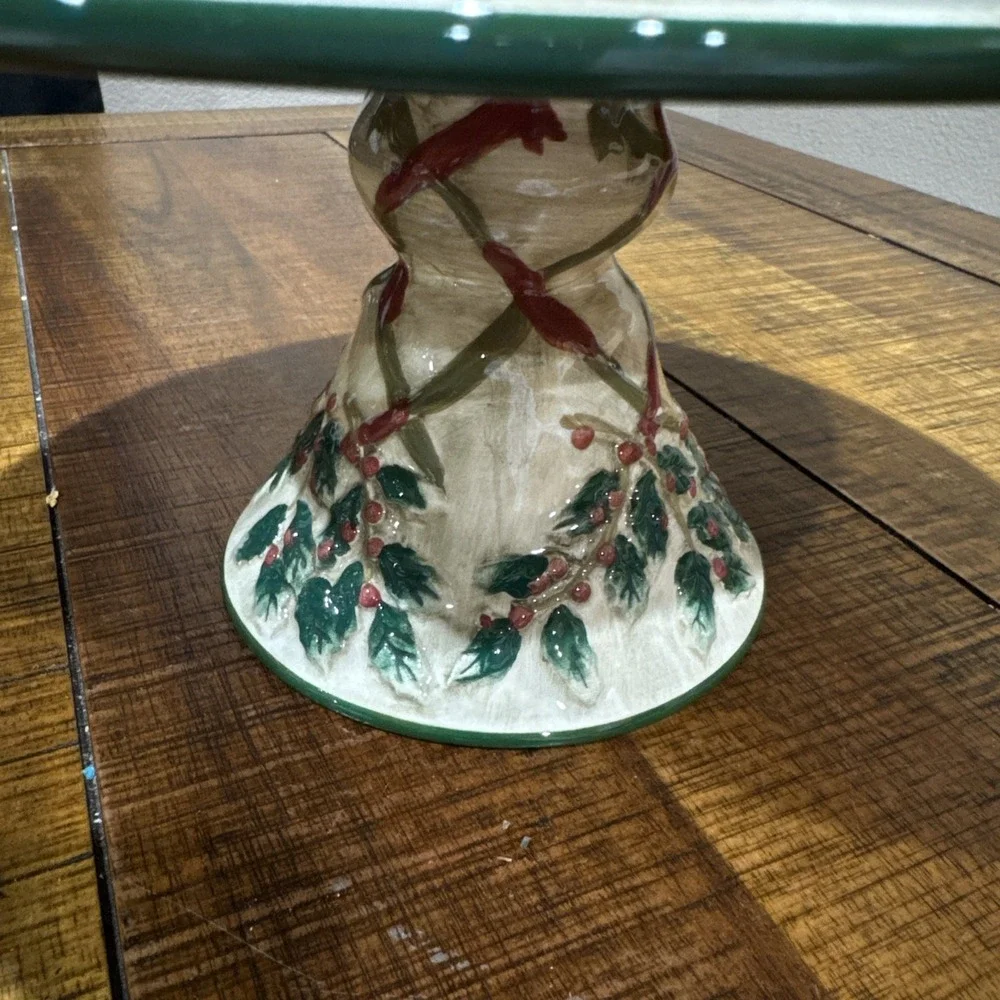 Hand Painted Christmas Holly  & Berries Cake Dessert Stand Platter‎ New 11